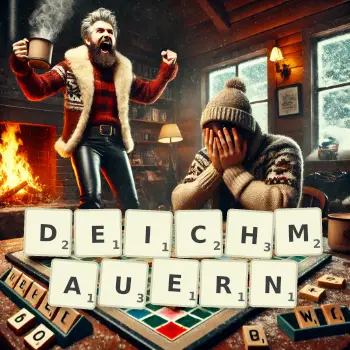 Kreative Illustration für ein Scrabble-Spiel, bei dem das Wort DEICHMAUERN mit Steinen auf dem Brett gelegt wurde.