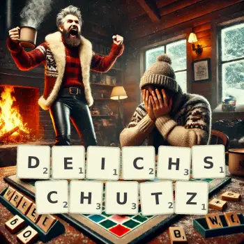 Kreative Illustration für ein Scrabble-Spiel, bei dem das Wort DEICHSCHUTZ mit Steinen auf dem Brett gelegt wurde.