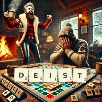Kreative Illustration für ein Scrabble-Spiel, bei dem das Wort DEIST mit Steinen auf dem Brett gelegt wurde.