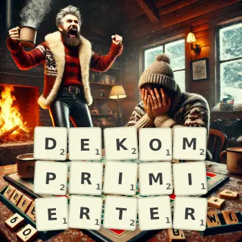 Kreative Illustration für ein Scrabble-Spiel, bei dem das Wort DEKOMPRIMIERTER mit Steinen auf dem Brett gelegt wurde.