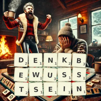 Kreative Illustration für ein Scrabble-Spiel, bei dem das Wort DENKBEWUSSTSEIN mit Steinen auf dem Brett gelegt wurde.
