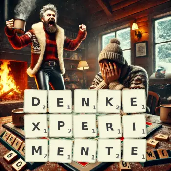 Kreative Illustration für ein Scrabble-Spiel, bei dem das Wort DENKEXPERIMENTE mit Steinen auf dem Brett gelegt wurde.