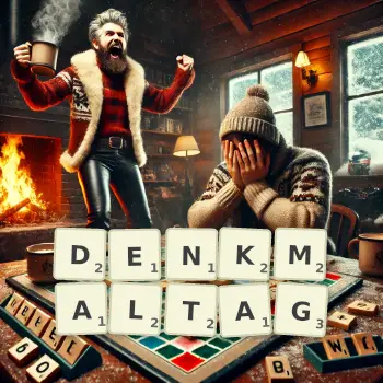 Kreative Illustration für ein Scrabble-Spiel, bei dem das Wort DENKMALTAG mit Steinen auf dem Brett gelegt wurde.