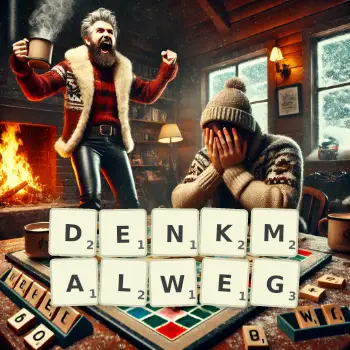 Kreative Illustration für ein Scrabble-Spiel, bei dem das Wort DENKMALWEG mit Steinen auf dem Brett gelegt wurde.