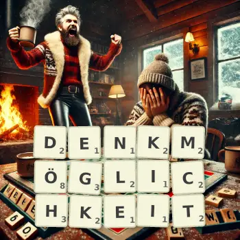 Kreative Illustration für ein Scrabble-Spiel, bei dem das Wort DENKMÖGLICHKEIT mit Steinen auf dem Brett gelegt wurde.