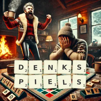 Kreative Illustration für ein Scrabble-Spiel, bei dem das Wort DENKSPIELS mit Steinen auf dem Brett gelegt wurde.