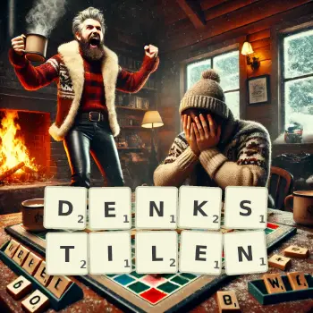 Kreative Illustration für ein Scrabble-Spiel, bei dem das Wort DENKSTILEN mit Steinen auf dem Brett gelegt wurde.