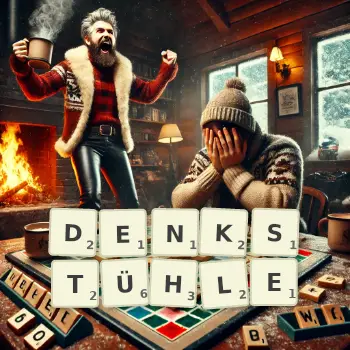 Kreative Illustration für ein Scrabble-Spiel, bei dem das Wort DENKSTÜHLE mit Steinen auf dem Brett gelegt wurde.