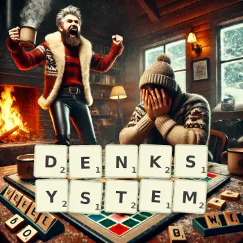 Kreative Illustration für ein Scrabble-Spiel, bei dem das Wort DENKSYSTEM mit Steinen auf dem Brett gelegt wurde.