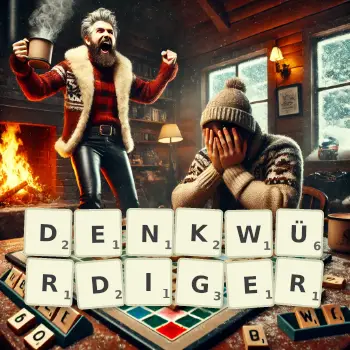 Kreative Illustration für ein Scrabble-Spiel, bei dem das Wort DENKWÜRDIGER mit Steinen auf dem Brett gelegt wurde.