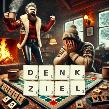 Kreative Illustration für ein Scrabble-Spiel, bei dem das Wort DENKZIEL mit Steinen auf dem Brett gelegt wurde.