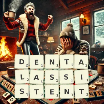 Kreative Illustration für ein Scrabble-Spiel, bei dem das Wort DENTALASSISTENT mit Steinen auf dem Brett gelegt wurde.