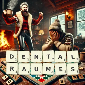 Kreative Illustration für ein Scrabble-Spiel, bei dem das Wort DENTALRAUMES mit Steinen auf dem Brett gelegt wurde.