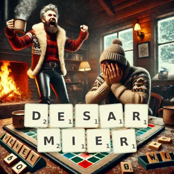 Kreative Illustration für ein Scrabble-Spiel, bei dem das Wort DESARMIER mit Steinen auf dem Brett gelegt wurde.