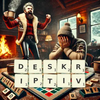 Kreative Illustration für ein Scrabble-Spiel, bei dem das Wort DESKRIPTIV mit Steinen auf dem Brett gelegt wurde.