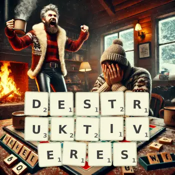 Kreative Illustration für ein Scrabble-Spiel, bei dem das Wort DESTRUKTIVERES mit Steinen auf dem Brett gelegt wurde.