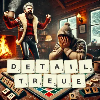 Kreative Illustration für ein Scrabble-Spiel, bei dem das Wort DETAILTREUE mit Steinen auf dem Brett gelegt wurde.