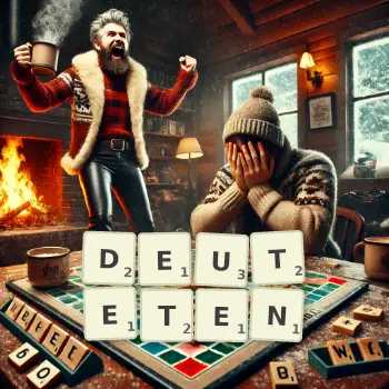 Kreative Illustration für ein Scrabble-Spiel, bei dem das Wort DEUTETEN mit Steinen auf dem Brett gelegt wurde.