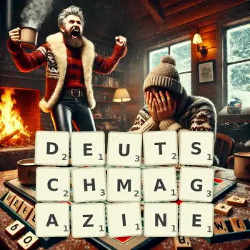 Kreative Illustration für ein Scrabble-Spiel, bei dem das Wort DEUTSCHMAGAZINE mit Steinen auf dem Brett gelegt wurde.