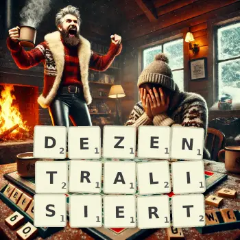 Kreative Illustration für ein Scrabble-Spiel, bei dem das Wort DEZENTRALISIERT mit Steinen auf dem Brett gelegt wurde.