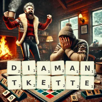 Kreative Illustration für ein Scrabble-Spiel, bei dem das Wort DIAMANTKETTE mit Steinen auf dem Brett gelegt wurde.