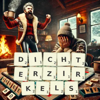 Kreative Illustration für ein Scrabble-Spiel, bei dem das Wort DICHTERZIRKELS mit Steinen auf dem Brett gelegt wurde.