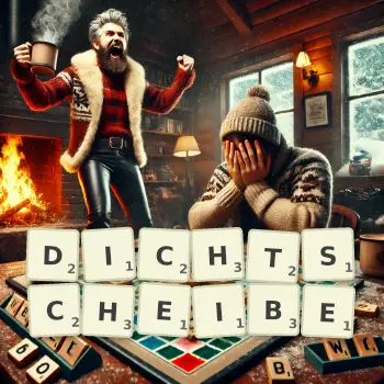 Kreative Illustration für ein Scrabble-Spiel, bei dem das Wort DICHTSCHEIBE mit Steinen auf dem Brett gelegt wurde.