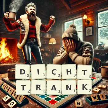 Kreative Illustration für ein Scrabble-Spiel, bei dem das Wort DICHTTRANK mit Steinen auf dem Brett gelegt wurde.