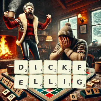 Kreative Illustration für ein Scrabble-Spiel, bei dem das Wort DICKFELLIG mit Steinen auf dem Brett gelegt wurde.