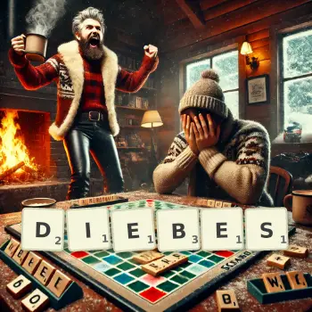 Kreative Illustration für ein Scrabble-Spiel, bei dem das Wort DIEBES mit Steinen auf dem Brett gelegt wurde.