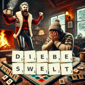 Kreative Illustration für ein Scrabble-Spiel, bei dem das Wort DIEBESWELT mit Steinen auf dem Brett gelegt wurde.