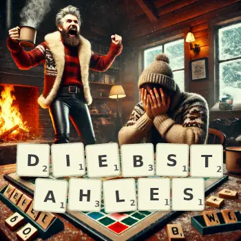 Kreative Illustration für ein Scrabble-Spiel, bei dem das Wort DIEBSTAHLES mit Steinen auf dem Brett gelegt wurde.