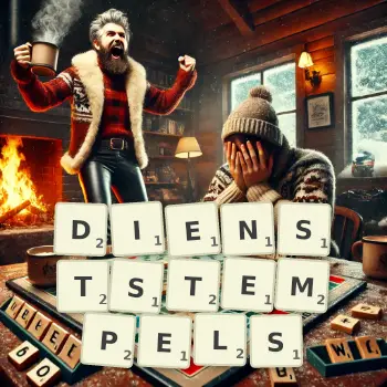 Kreative Illustration für ein Scrabble-Spiel, bei dem das Wort DIENSTSTEMPELS mit Steinen auf dem Brett gelegt wurde.