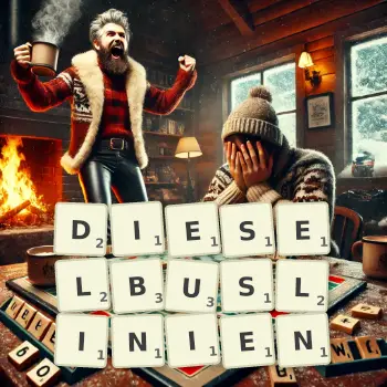 Kreative Illustration für ein Scrabble-Spiel, bei dem das Wort DIESELBUSLINIEN mit Steinen auf dem Brett gelegt wurde.