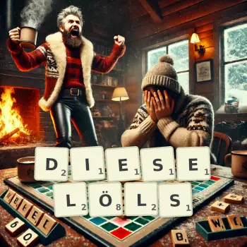 Kreative Illustration für ein Scrabble-Spiel, bei dem das Wort DIESELÖLS mit Steinen auf dem Brett gelegt wurde.