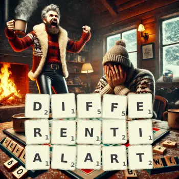 Kreative Illustration für ein Scrabble-Spiel, bei dem das Wort DIFFERENTIALART mit Steinen auf dem Brett gelegt wurde.