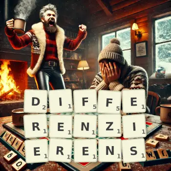 Kreative Illustration für ein Scrabble-Spiel, bei dem das Wort DIFFERENZIERENS mit Steinen auf dem Brett gelegt wurde.