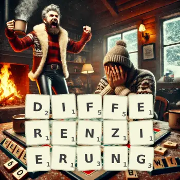 Kreative Illustration für ein Scrabble-Spiel, bei dem das Wort DIFFERENZIERUNG mit Steinen auf dem Brett gelegt wurde.