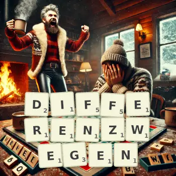 Kreative Illustration für ein Scrabble-Spiel, bei dem das Wort DIFFERENZWEGEN mit Steinen auf dem Brett gelegt wurde.