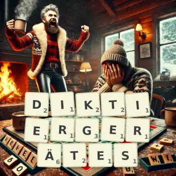 Kreative Illustration für ein Scrabble-Spiel, bei dem das Wort DIKTIERGERÄTES mit Steinen auf dem Brett gelegt wurde.