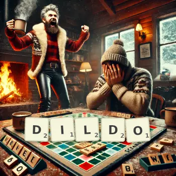 Kreative Illustration für ein Scrabble-Spiel, bei dem das Wort DILDO mit Steinen auf dem Brett gelegt wurde.