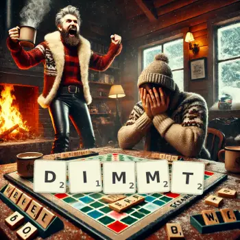 Kreative Illustration für ein Scrabble-Spiel, bei dem das Wort DIMMT mit Steinen auf dem Brett gelegt wurde.
