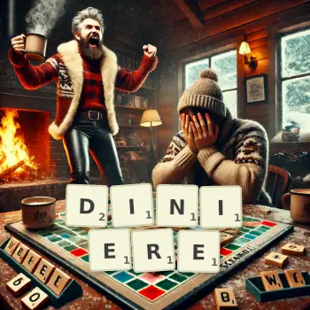 Kreative Illustration für ein Scrabble-Spiel, bei dem das Wort DINIERE mit Steinen auf dem Brett gelegt wurde.