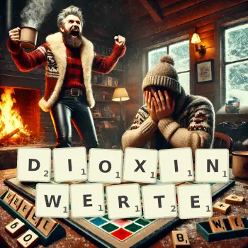Kreative Illustration für ein Scrabble-Spiel, bei dem das Wort DIOXINWERTE mit Steinen auf dem Brett gelegt wurde.