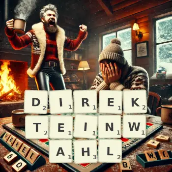 Kreative Illustration für ein Scrabble-Spiel, bei dem das Wort DIREKTEINWAHL mit Steinen auf dem Brett gelegt wurde.