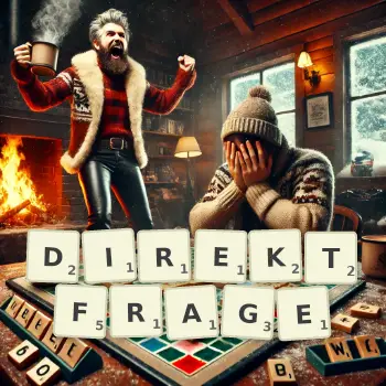 Kreative Illustration für ein Scrabble-Spiel, bei dem das Wort DIREKTFRAGE mit Steinen auf dem Brett gelegt wurde.
