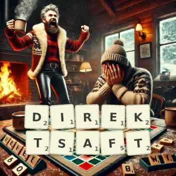 Kreative Illustration für ein Scrabble-Spiel, bei dem das Wort DIREKTSAFT mit Steinen auf dem Brett gelegt wurde.
