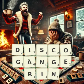 Kreative Illustration für ein Scrabble-Spiel, bei dem das Wort DISCOGÄNGERIN mit Steinen auf dem Brett gelegt wurde.