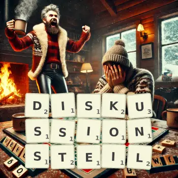 Kreative Illustration für ein Scrabble-Spiel, bei dem das Wort DISKUSSIONSTEIL mit Steinen auf dem Brett gelegt wurde.