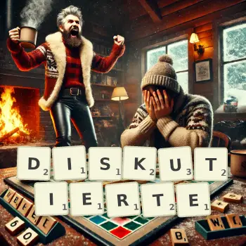 Kreative Illustration für ein Scrabble-Spiel, bei dem das Wort DISKUTIERTE mit Steinen auf dem Brett gelegt wurde.